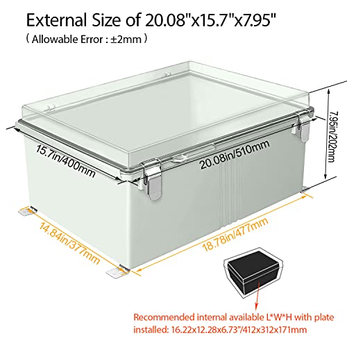 Lemotech Junction Box, Hinged Clear Cover Stainless Steel Latch Abs Plastic Ip67 Waterproof, Outdoor Electrical Enclosure With Mounting Plate 19"X15"X7" And 15"X11"X7" Grey #TOP1