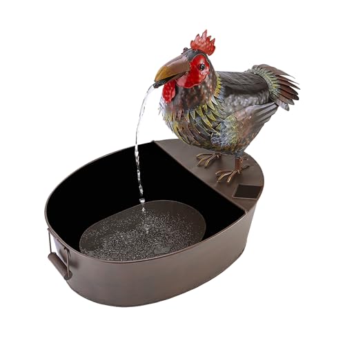 Alpine Corporation NCY296 Outdoor Tabletop Metal Rooster Water Fountain, Vintage Metal Rooster Garden Fountain 20", Brown