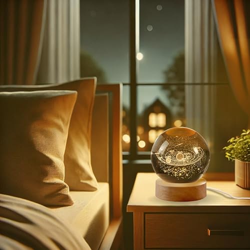 Image of 3D Star Galaxy Crystal Ball Night Light with Wooden Base, Table Lamp
