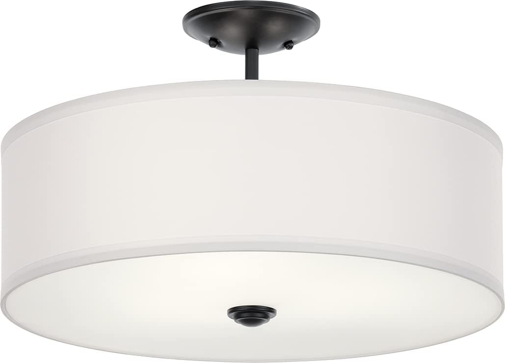 Kichler Shailene 18.25" 3-Light Round Semi Flush with Satin Etched White Diffuser and White Microfiber Drum Shade in Black, (11.5" H x 18.25" Dia), 43692BK