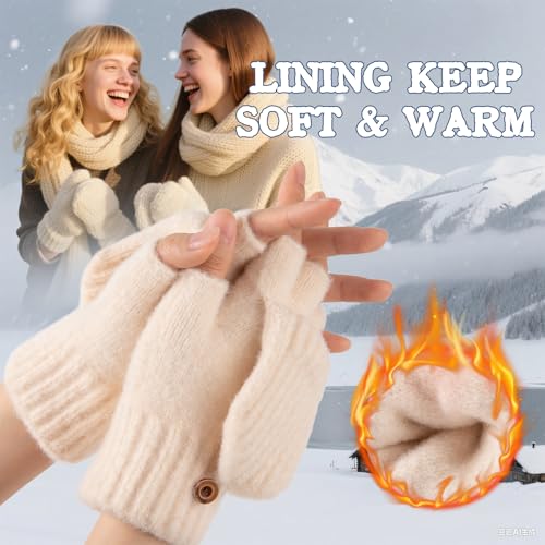 Bodvera Winter Fingerless Gloves Mittens for Women Warm Knitted Gloves Convertible Mittens Flap for Texting Driving