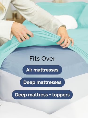 Image of Extra Deep King Fitted Sheet - Single Fitted Sheet Only - Spa Blue | Easily Fits 18 inch to 24 inch Mattress, Soft, Wrinkle Free, Breathable & Comfy, Extra Deep Pockets Hotel Luxury Fitted Sheet
