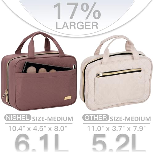Image of NISHEL Travel Toiletry Bag for women, Portable Hanging Organizer for Travel-Sized Shampoo, Conditioner, Brushes Set, Makeup Accessories, Medium Size, Rosewood-Pink