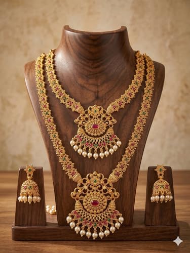 Image of South Indian Traditional Antique Matte Gold Finish Goddess Lakshmi & Peacock Motif Long Necklace Set with Jhumka Earrings for Women | Ethnic Temple Jewellery for Weddings, Brides & Festivals (Ghummar)