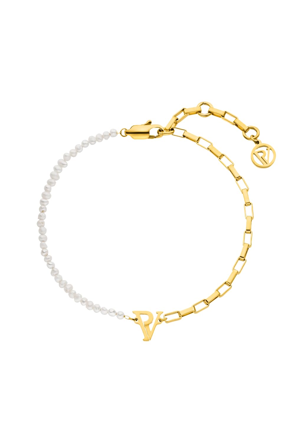 PAUL VALENTINE - Damen Armband Edelstahl - Vergoldet/Golden - mit Perlen - PV Logo Anhänger - PV-B0027