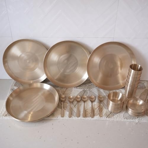 Image of Pure Kansa Family Dinner Set of 30 Pieces | Bronze Thali Set 12 Inch Plate, 2 Bowls, 1 Glass, 1 Spoon | Handcrafted Ayurvedic Kansa Utensils | Matte Finish | Gift for Diwali Wedding Housewarming