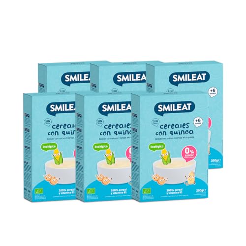 Smileat - Pack 6 Papilla para peques Ecológica de Cereales con Quinoa - Sin Azúcar Añadido y Sin Aditivos - Ingredientes Vegetales - Fácil de Diluir y Preparar