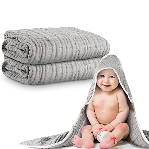 Image of Chumia 2 Pieces Muslin Hooded Baby Towels for Newborn Girls Boys 32"x 32" Cotton Infant Bath Towel Absorbent Unisex Hooded Blankets for Babies Toddler, Newborn Registry Baby Gift (Light Gray)