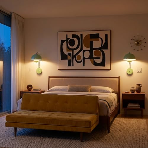 Image of Mid-Century Modern Bud Plug in Wall Sconces for Bedroom, Pastel Green | Indirect lighting reading wall lamp, all-metal construction, plug-in or hardwired install, fits bedroom bedside, living room