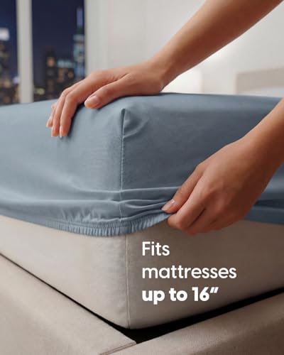 Image of Sleepy Town Queen Size Bed Sheets - 3 Piece - NO Flat Sheet Included - Queen Sheet Set - Soft, Comfy & Cooling - Easy Care - Wrinkle & Fade Free - Brushed Microfiber - Deep Pocket Sheets (Steel Blue)