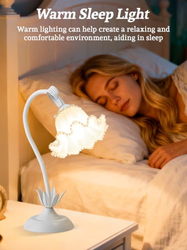 Image of Flower Table Lamp Bedside Lamps LED Reading Light,3 Color Modes Cute Small Lamp,Vintage Flower Lamp Kawaii Table Lamp for Bedroom Living Room Office Dorm Desk Home Decor (Pearl White lamp)