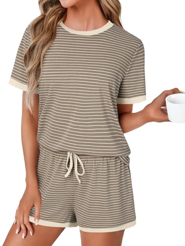 Image of LYANER Pajama Set for Women 2 Piece Lounge Set Striped Crew neck Short Sleeve Tops and Shorts Soft Sleepwear
