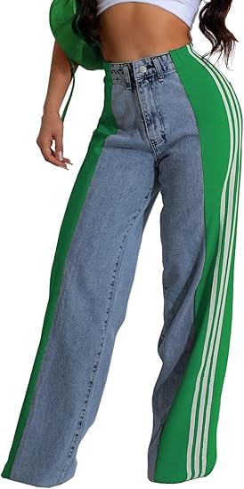 Women's High Waisted Two Tone Jeans Block Floor Length Wide Leg Denim Pants Patchwork Stripes Jeans Trousers