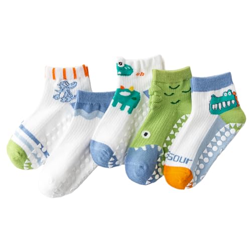 Jupsk 5 Pares de Calcetines de Dinosaurio para Niños, Calcetines Deportivos hasta el Tobillo con Agarres Antideslizantes, de Verano de Malla Transpirable para Niños Pequeños de 1 a 8 Años