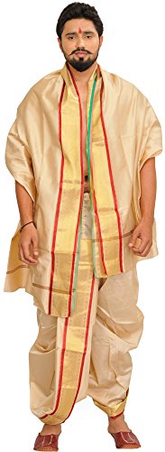 Ready to Wear Dhoti and Veshti Set with Woven Golden Border - Poly Silk product thumbnail 12