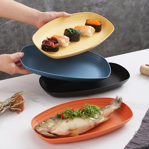 Image of Wheat Straw Oval Food Storage Plates Lightweight Kitchen Tableware for Fruit, Dessert, Snacks, Cereal, Pasta, Salad, Dessert, Dishes, Sushi, Cake Dishwasher Microwave Safe (Yellow, Pack of 4)