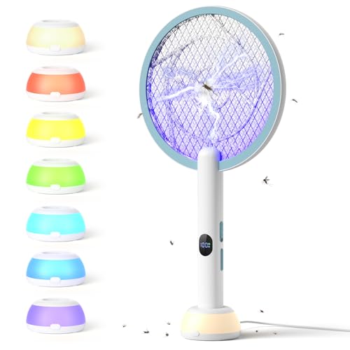 Image of YISSVIC Electric Fly Swatter Bug Zapper Racket 4000V LED Screen Dual Modes Fly Zapper Rechargeable for Indoor Home Office Backyard Patio Camping (White Blue)