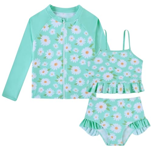 Image of Funnycokid Girls Swimsuit Kids Bathing Suit Rashguard Swimwear Long Sleeve 3 Piece Toddler 3-7 Years