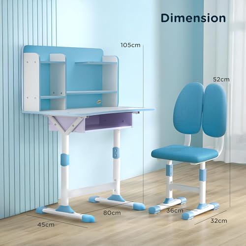 Image of BAYBEE Kids Study Table and Chair Set with Dual Back Support | Baby Study Table for Reading, Writing & Drawing | Ergonomic Kids Table Desk Chair with Book Storage Drawer & Shelves 2+ Years (Blue)