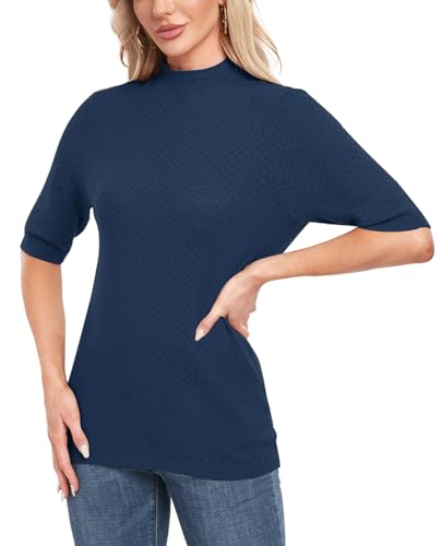 Image of MINTLIMIT Womens Turtleneck Sweaters Short Sleeve 2024 Fall Winter Casual Texture Shirt Blouse Knit Pullover Sweater