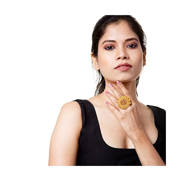 Shining Jewel - By ShivanshGold Plated Kundan, LCT, Pearls and CZ studded Traditional Big Oversized Finger Adjustable Ring for Women (SJ_4254) - Image 5