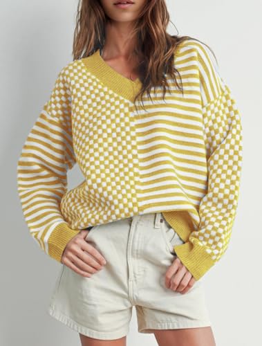 Image of UNCLECAT Womens Striped Checkered Sweater V Neck Fall Trendy Pullover Tops | Long Sleeve, Winter Clothes, Soft Jumpers, Business Casual Outfits, Cute, Fashion, Knitted Sweaters
