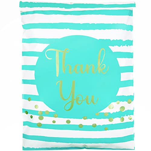 Image of Inspired Mailers - Poly Mailers 14.5 x 19-20 Pack - Thank You Poly Mailers Confetti and Stripes (Aqua /Gold) - Packaging Bags - Mailing Envelopes - Shipping Bags