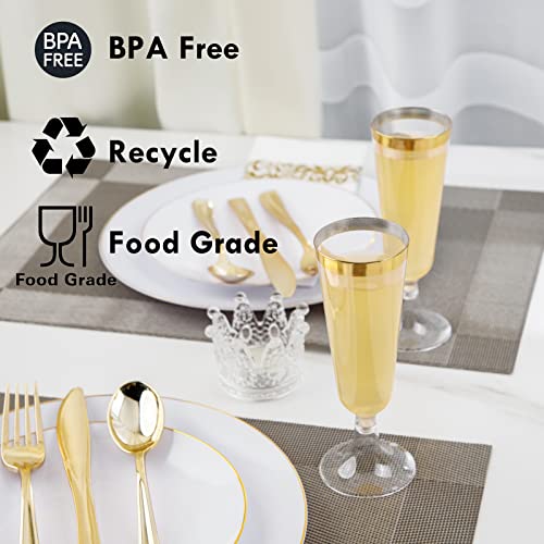 Liacere 175Pcs White And Gold Plastic Plates - Gold Plastic Plates Include 50Plastic Plates, 25 Forks, 25 Spoons, 25 Knives, 25 Napkins, 25 Champagne Flutes Plastic For Party & Wedding & Thanksgiving #TOP2