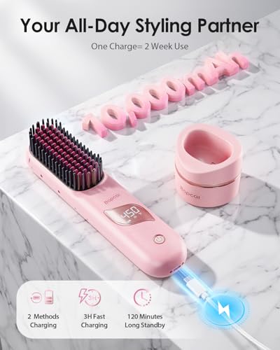 Image of Cordless Hair Straightener Brush with Charging Dock, Portable Travel Hair Straightening Brush with 300M Negative Ions, 10,000mAh Battery, Fast Heating Anti-Frizz Ionic Styling Comb for Women
