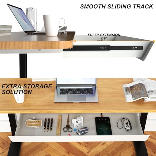 Image of White Large Under Desk Mounted Sliding Drawer with 2 Cable Hole and 60 Degree Tilt Panel to Pull Out, 22.4'' Long & 9.2'' deep Large Storage Organizer for Sit Stand Workstation
