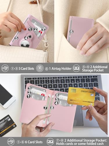 Miroddi Wallet with AirTag Holder, Credit Card Holder Wallet for Women, Leather Front Pocket Wallet, Minimalist Bifold Wallet, 9 Card Slots and 4 Storage Pockets, RFID Blocking, Pink2