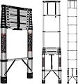 Telescoping Ladder,12.5FT Portable Multi-Purpose Aluminum Compact Ladder,330LBS cap One-Button Retraction Collapsible Extension Ladder with 2Detachable Hooks&Non-Slip Feet for Home,RV,Loft&Outdoor Use