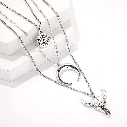 Boho Layered Necklace Western Necklaces for Women Silver Cowgirl Cowboy Necklace Evil Eye Moon Bull Head Chain Necklace Western Jewelry for Women Cowgirl Accessories4