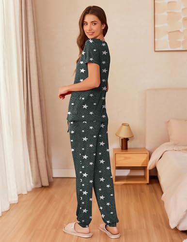 Image of Ekouaer Womens Pajama Sets Short Sleeve Lounge Sets for Women Printed Jogger Pajama Set 2 Piece Pj Sets With Pockets S-XXL