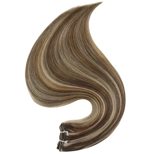 Image of Full Shine Invisible Weft Hair Extensions 120G 20 Inch Add Volume For Women | sew in Hair Extensions, Medium Brown Highlight Honey Blonde, Remy Hair Weft, Party Wear, Date Night