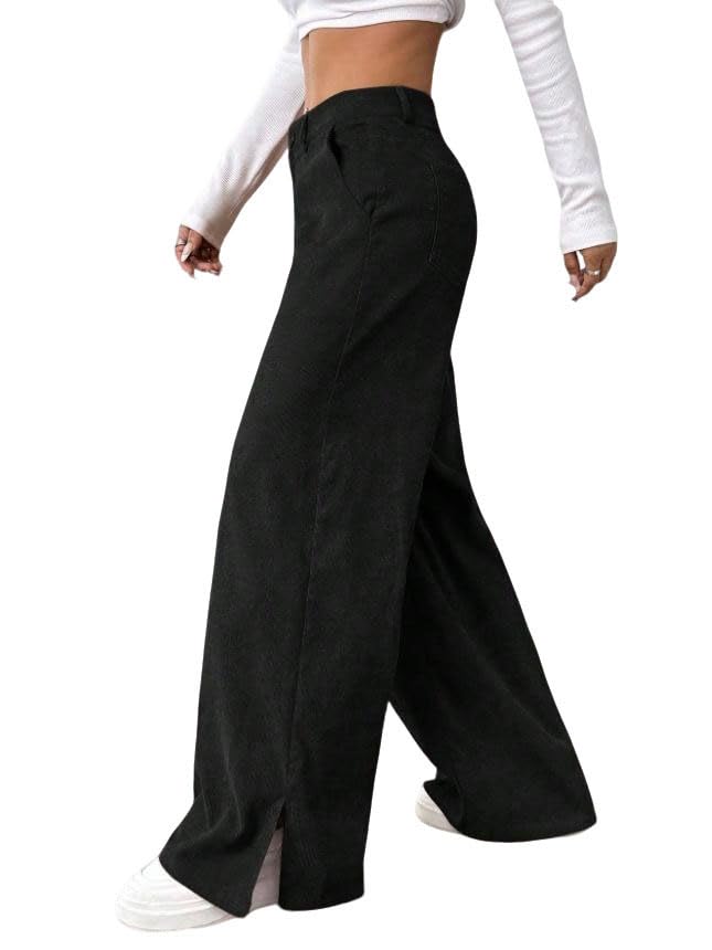 utcoco Womens Corduroy Wide Leg Pants Mid Waist Split Hem Casual Trousers with Pockets