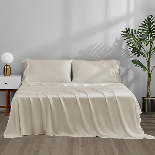ACCURATEX Cooling Sheets Queen Size - 100% Viscose Made from Bamboo, Luxury Cool Silky Sheet Set for Queen Size Bed, Super Soft Breathable Bedding Sheets up to 16 inches Deep Pockect, Beige