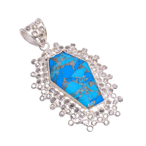 Stylish Blue Copper Turquoise Zircon Fancy Shape Ethnic Style 925 Sterling Silver Pendant 2.2" Best For Her-image-24
