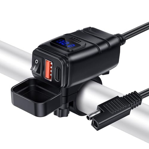 RANDPOW Motorcycle Phone Charger, Dual QC3.0 Type C PD Motorcycle USB Charger with ON/Off Switch, Quick Disconnect SAE USB Adapter Motorcycle Accessories for Phones