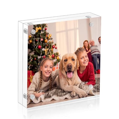 NIUBEE 4x4 Picture Frame, Acrylic Photo Frame 20% Thicker Block, Clear Frameless Acrylic Frames Double Sided，Magnetic frames for Desktop