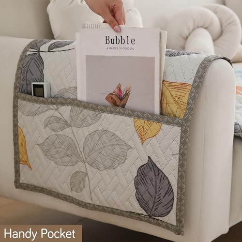 Image of HOKIPO 'HomeHues Series' Printed Quilted Sofa Seat Mat for 3 Seater Sofa with 2 Armrest Covers with Pockets, Multicolor Leaves (IN-809-D2 + IN-814-D2*2)
