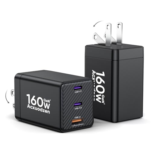 [2 Pack] USB C Charger Block 160W 2 Pack GaN Wall Fast Charger Foldable Type C Laptop Power Adapter Compatible with MacBook Pro iPad Pro iPhone 15 Pro Max/14/13/ Galaxy S23 (Black)