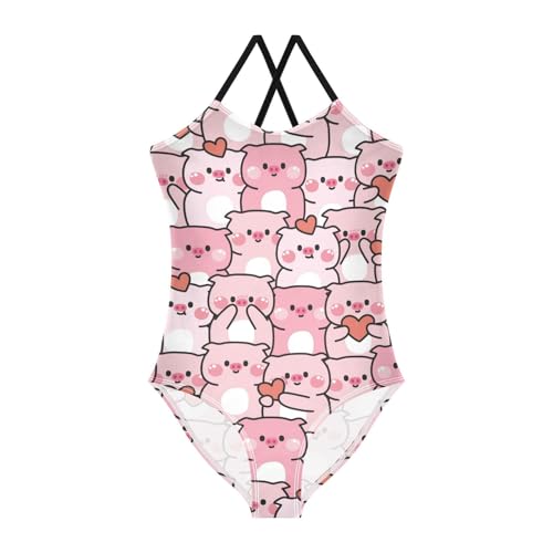 Cute Pig Girls One Piece Swimsuits Heart Animal Sport Halter Swimwear Beach Bathing Suit 5-6T Multi