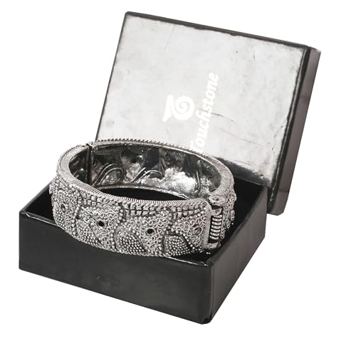 Image of Touchstone Indian bracelets for women mixed metal cuff crystal rhinestones bracelet handcrafted wrist enhancer free size designer in gold or oxidized white tone