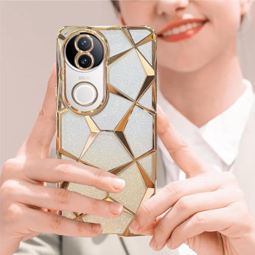 Image of VONZEE Gradient Glitter Case for VIVO V50e, Luxury Electroplated 3D Cube, Diamond Bling Shiny Soft TPU Clear Shockproof Women Girls Protective Phone Cover (Gold)