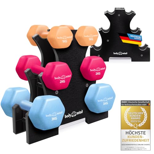 Body & Mind® Juego de 2 mancuernas ; Entrenamiento de fuerza eficaz con diferentes pesos; Entrenamiento de fitness en casa (Soporte de 3 niveles incl. 6 mancuernas)