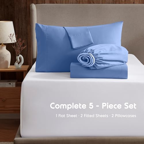 Image of Nestl Split King Bed Sheet Set - Calm Blue - 5-Piece Deep Pocket | Instantly Soft, Night-One Ready (No Wash Required). Fits 16-Inch Deep Pockets, 360-Degree Elastic Grip
