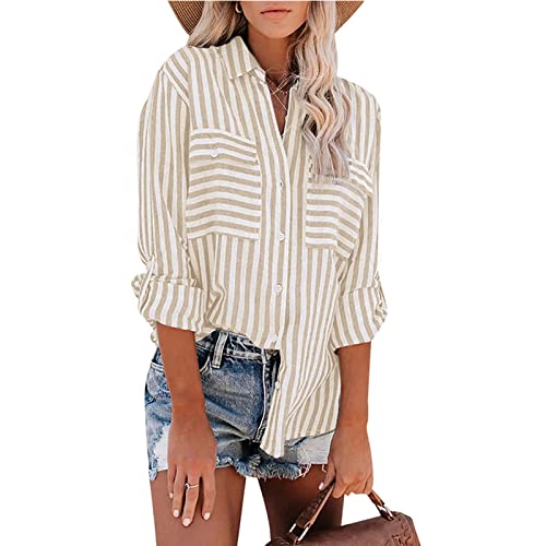 Loose Fit Long Tshirts for Women Fall Winter High Neck Linen Striped Cardigan Tee Shirt Tops Women 20242