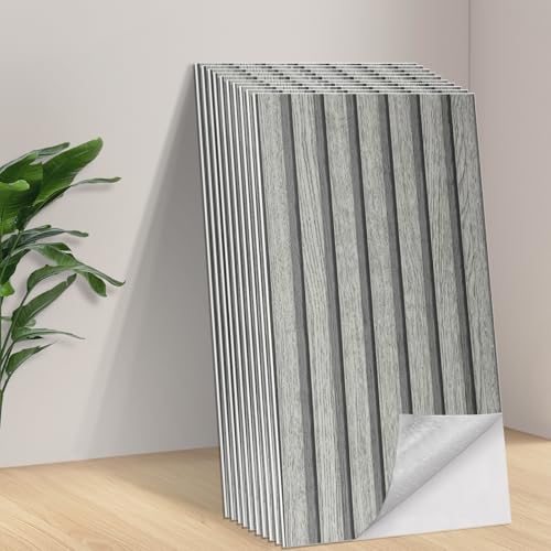 Image of Tarwanear 10-piece Peel and Stick on Wall Panels, Self Adhesive Wall Tiles 60x30cm - Wood Panel Effect Self Adhesive Wall Panels for Bathroom Kitchen Backsplash, Waterproof, Grey
