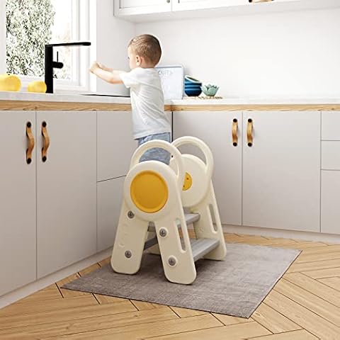 BanaSuper Faltbarer 3-Stufen-Breit-Anti-Rutsch-Pedal-Tritthocker für Kleinkinder mit Handlauf Kinder Lernen Helferhocker für Küchentheke Waschbecken Toilette Töpfchentraining (Gelb) Cover